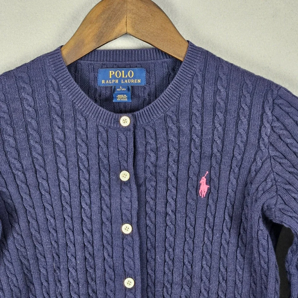 Polo Ralph Lauren Girls Cable Knit Cardigan Size L 12/14 Pink Pony Prep Sweater